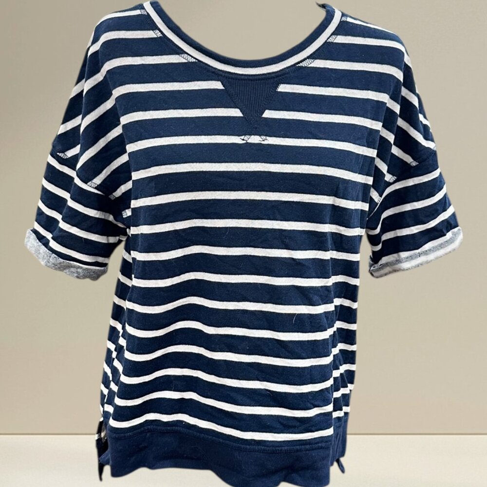 Navy and White Striped Short Sleeve Sweatshirt